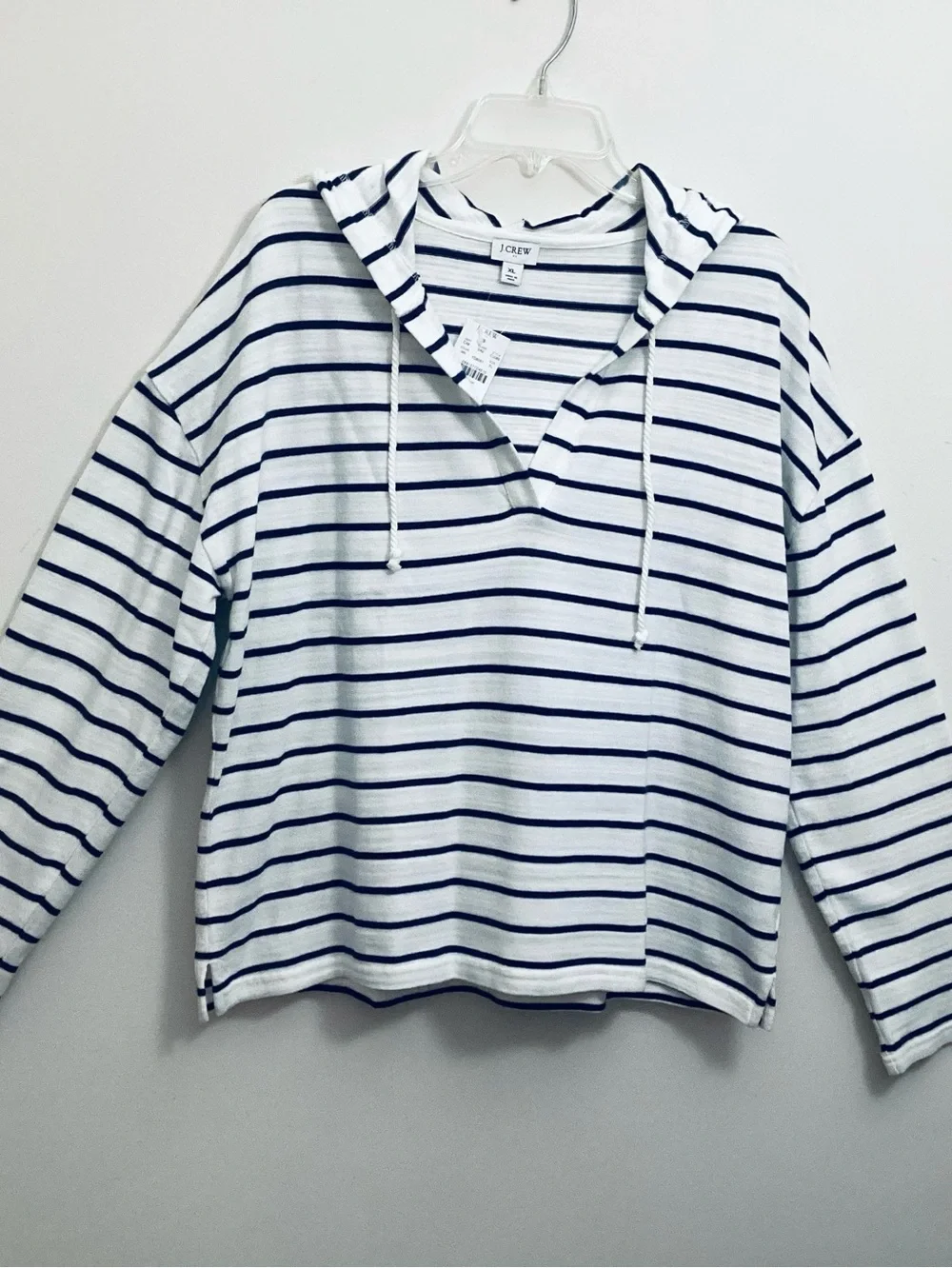 J. Crew Navy White Striped V-Neck Pullover Cotton Sweater Hoodie XL Relaxed NWT